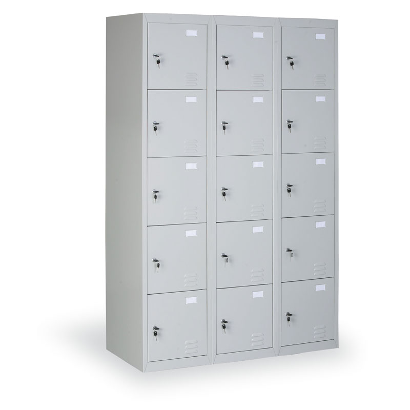 Fotografia produktu: Šatníková skrinka S2 s úložnými boxami, 15 boxov, 1820 x 1140 x 500 mm, demont, cylindrický zámok, sivé dvere