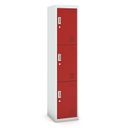 Šatníková skrinka S3 s úložnými boxami, 3 boxy, 1800 x 380 x 450 mm, demont, cylindrický zámok, sivá/červená