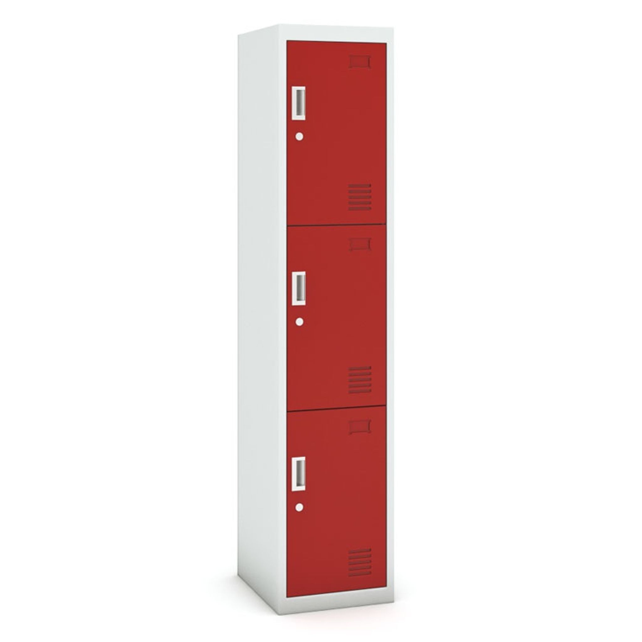 Šatníková skrinka S3 s úložnými boxami, 3 boxy, 1800 x 380 x 450 mm, demont, cylindrický zámok, sivá/červená