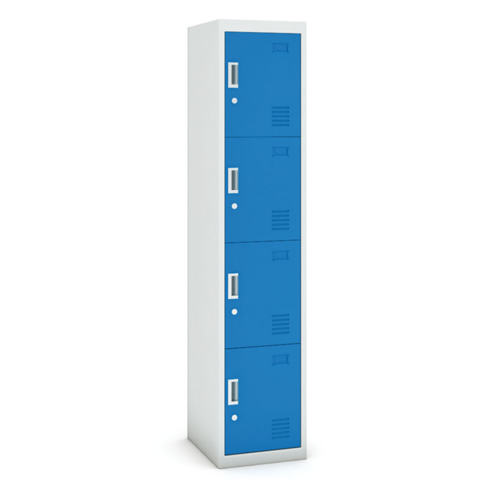 Šatníková skrinka S3 s úložnými boxami, 4 boxy, 1800 x 380 x 450 mm, demont, cylindrický zámok, sivá/modrá