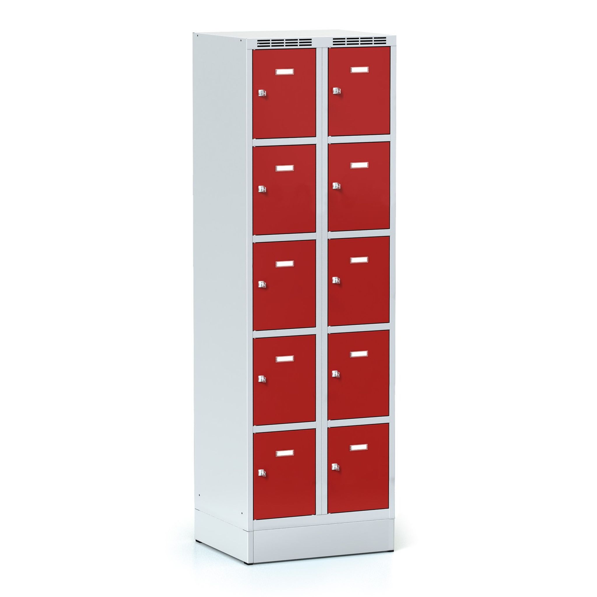 Šatníková skrinka S6 na sokli s úložnými boxami, 10 boxov, 1920 x 600 x 500 mm, otočný zámok, červené dvere