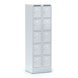Šatníková skrinka S6 na sokli s úložnými boxami, 10 boxov, 1920 x 600 x 500 mm, otočný zámok, sivé dvere