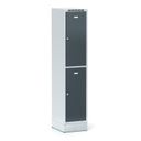 Šatníková skrinka S6 na sokli s úložnými boxami, 2 boxy, 1920 x 400 x 500 mm, cylindrický zámok, tmavosivé dvere