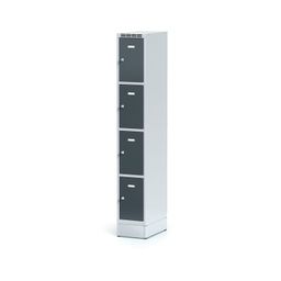 Šatníková skrinka S6 na sokli s úložnými boxami, 4 boxy, 1920 x 300 x 500 mm, cylindrický zámok, tmavosivé dvere