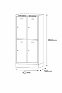 Šatníková skrinka S6 na sokli s úložnými boxami, 4 boxy, 1920 x 800 x 500 mm, otočný zámok, tmavosivé dvere