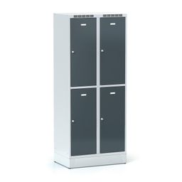 Šatníková skrinka S6 na sokli s úložnými boxami, 4 boxy, 1920 x 800 x 500 mm, otočný zámok, tmavosivé dvere
