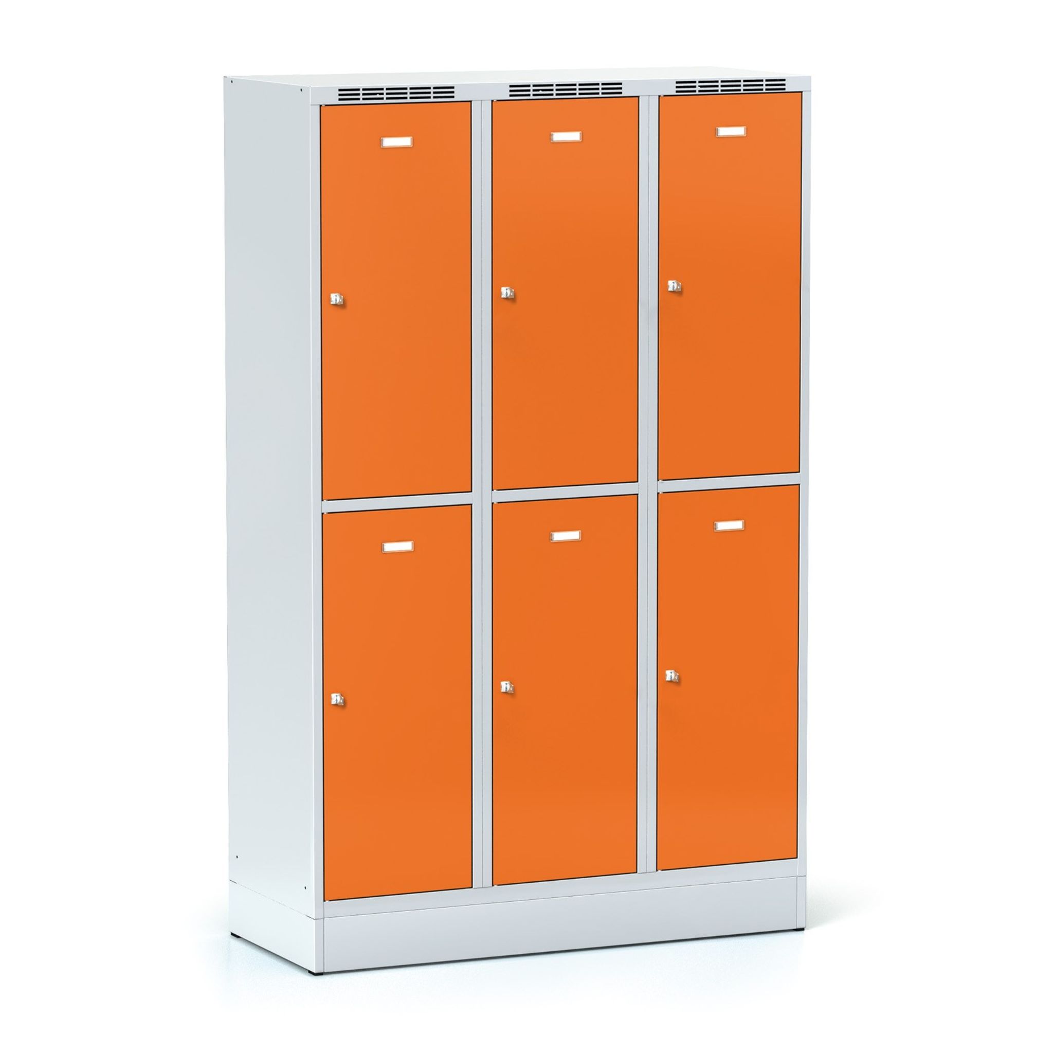 Šatníková skrinka S6 na sokli s úložnými boxami, 6 boxov, 1920 x 1200 x 500 mm, cylindrický zámok, oranžové dvere