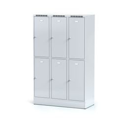 Šatníková skrinka S6 na sokli s úložnými boxami, 6 boxov, 1920 x 1200 x 500 mm, otočný zámok, sivé dvere