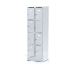 Šatníková skrinka S6 na sokli s úložnými boxami, 8 boxov, 1920 x 600 x 500 mm, cylindrický zámok, sivé dvere