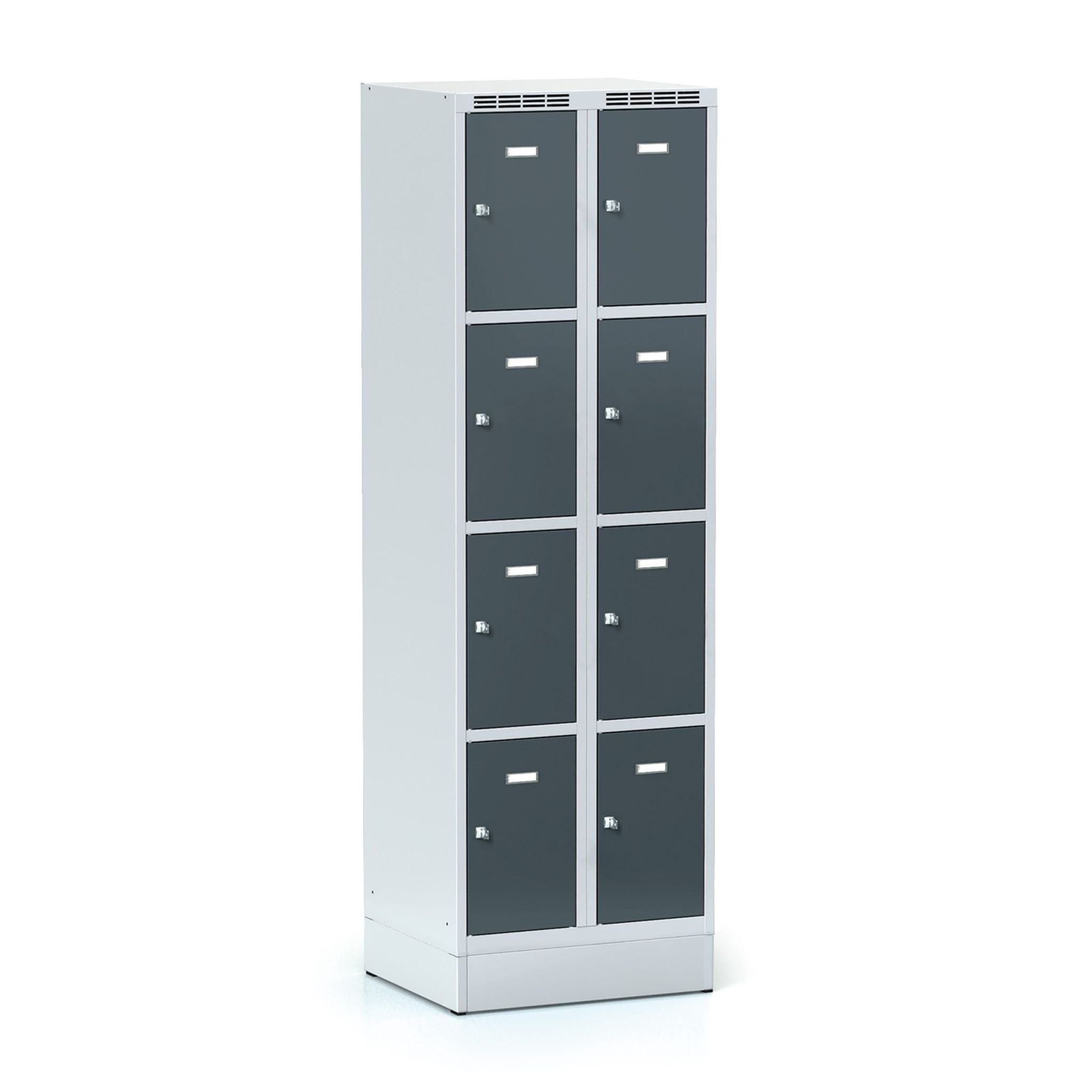 Šatníková skrinka S6 na sokli s úložnými boxami, 8 boxov, 1920 x 600 x 500 mm, cylindrický zámok, tmavosivé dvere