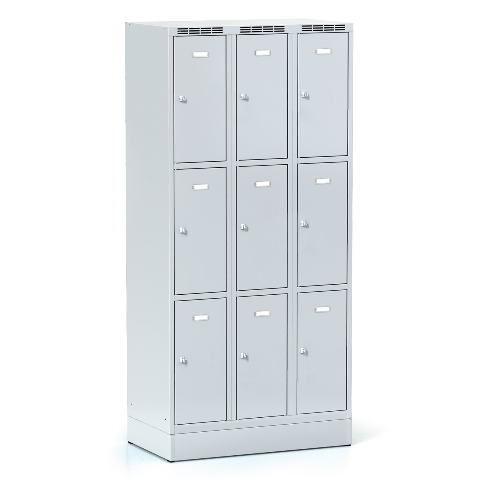 Fotografia produktu: Šatníková skrinka S6 na sokli s úložnými boxami, 9 boxov, 1920 x 900 x 500 mm, otočný zámok, sivé dvere