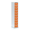 Šatníková skrinka S6 s úložnými boxami, 10 boxov, 1800 x 300 x 500 mm, otočný zámok, oranžové dvere