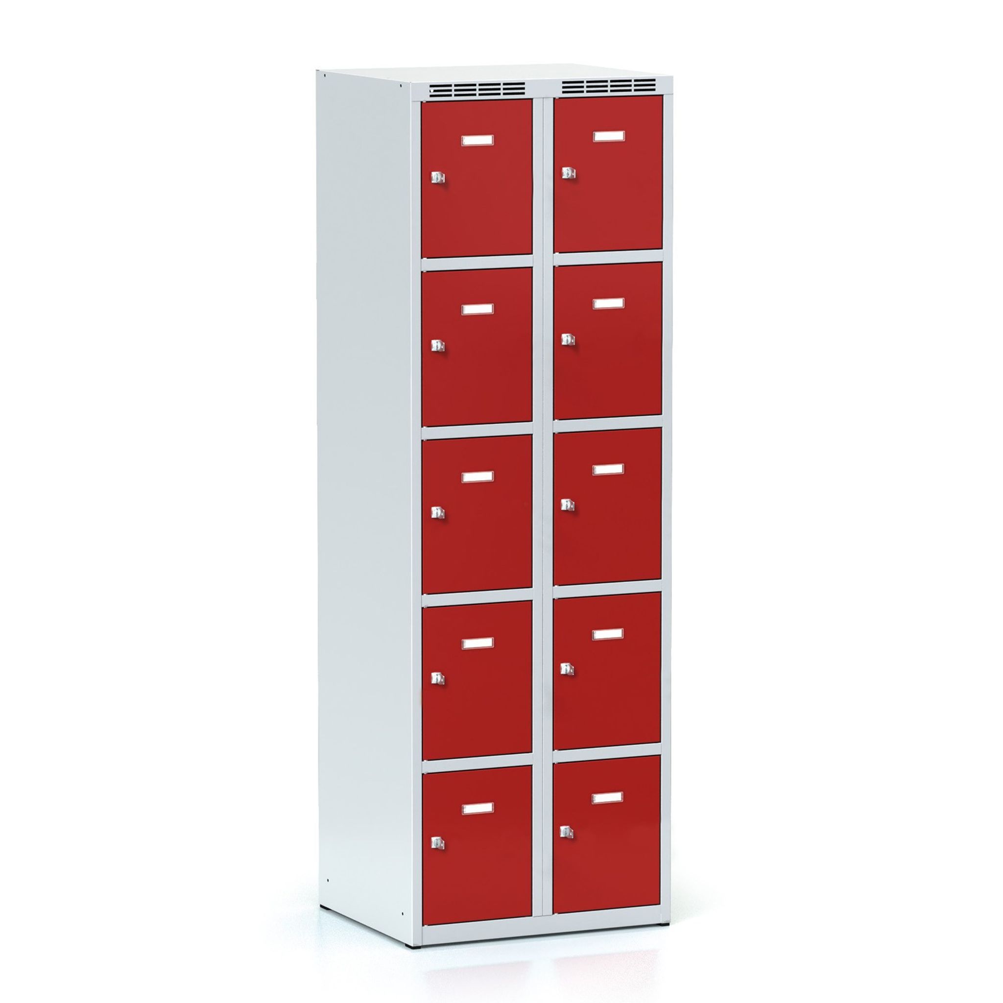 Šatníková skrinka S6 s úložnými boxami, 10 boxov, 1800 x 600 x 500 mm, otočný zámok, červené dvere
