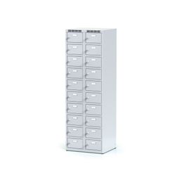 Šatníková skrinka S6 s úložnými boxami, 20 boxov, 1800 x 600 x 500 mm, otočný zámok, sivé dvere