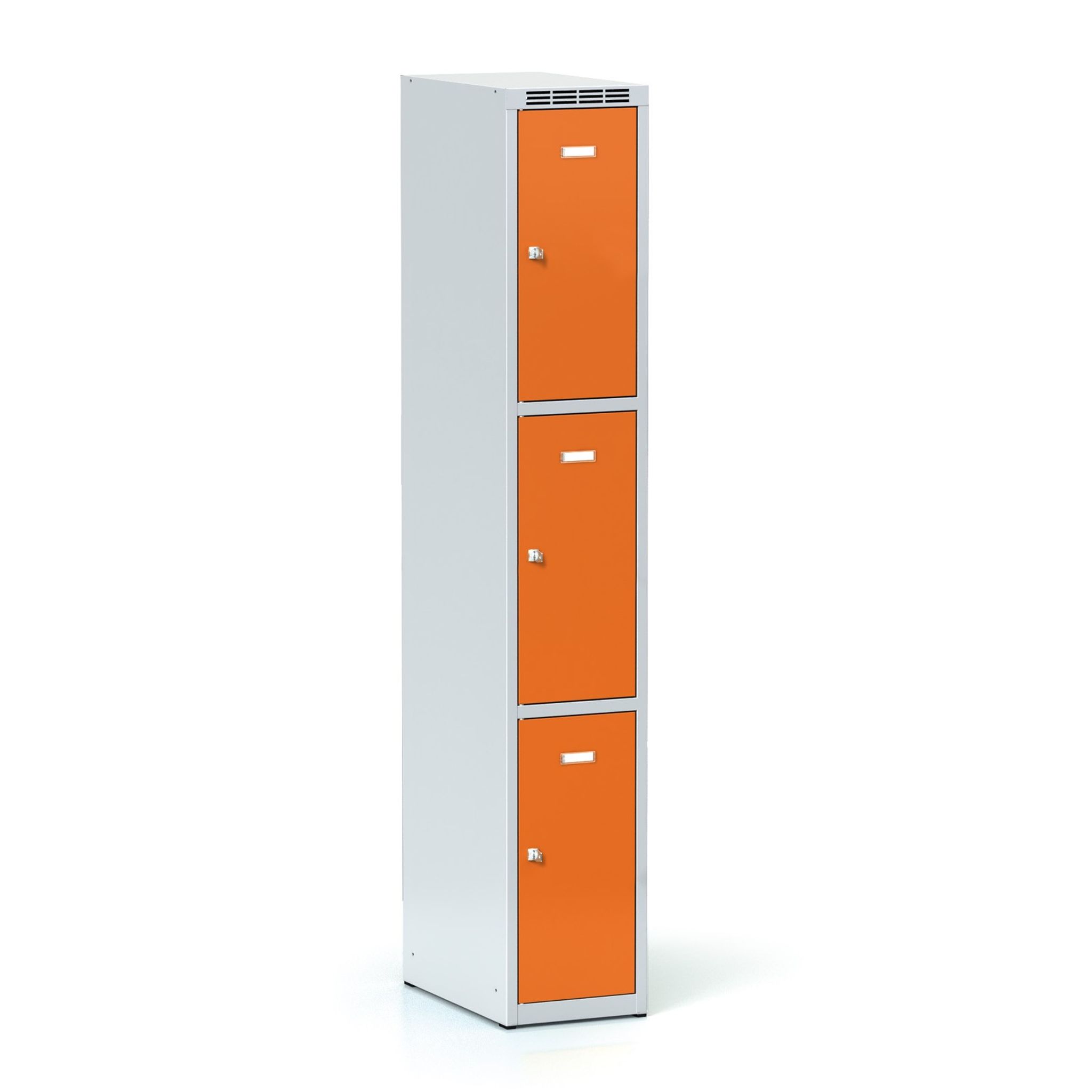 Šatníková skrinka S6 s úložnými boxami, 3 boxy, 1800 x 300 x 500 mm, otočný zámok, oranžové dvere