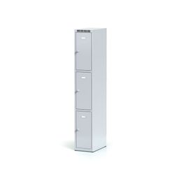 Šatníková skrinka S6 s úložnými boxami, 3 boxy, 1800 x 300 x 500 mm, otočný zámok, sivé dvere