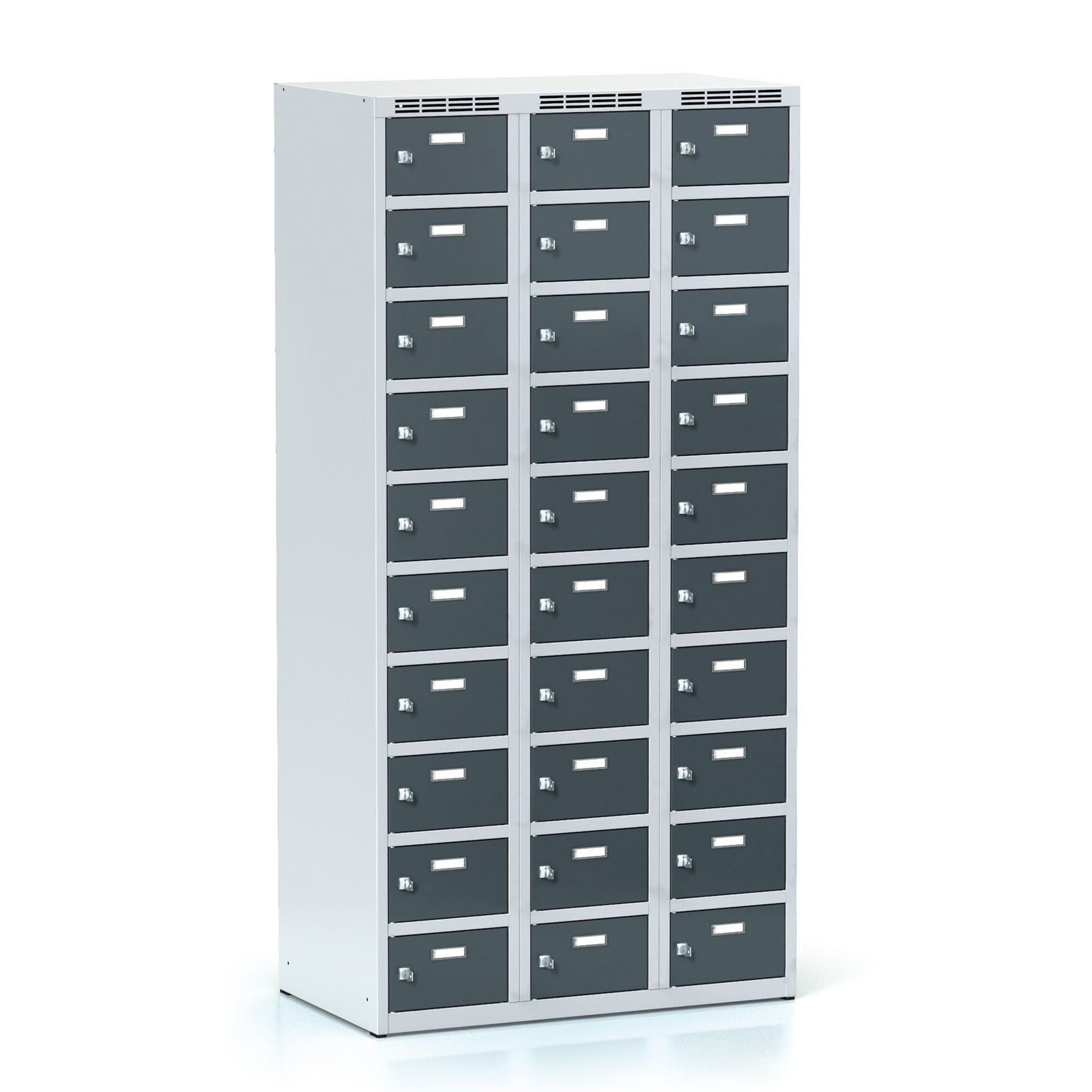 Fotografia produktu: Šatníková skrinka S6 s úložnými boxami, 30 boxov, 1800 x 900 x 500 mm, otočný zámok, tmavosivé dvere