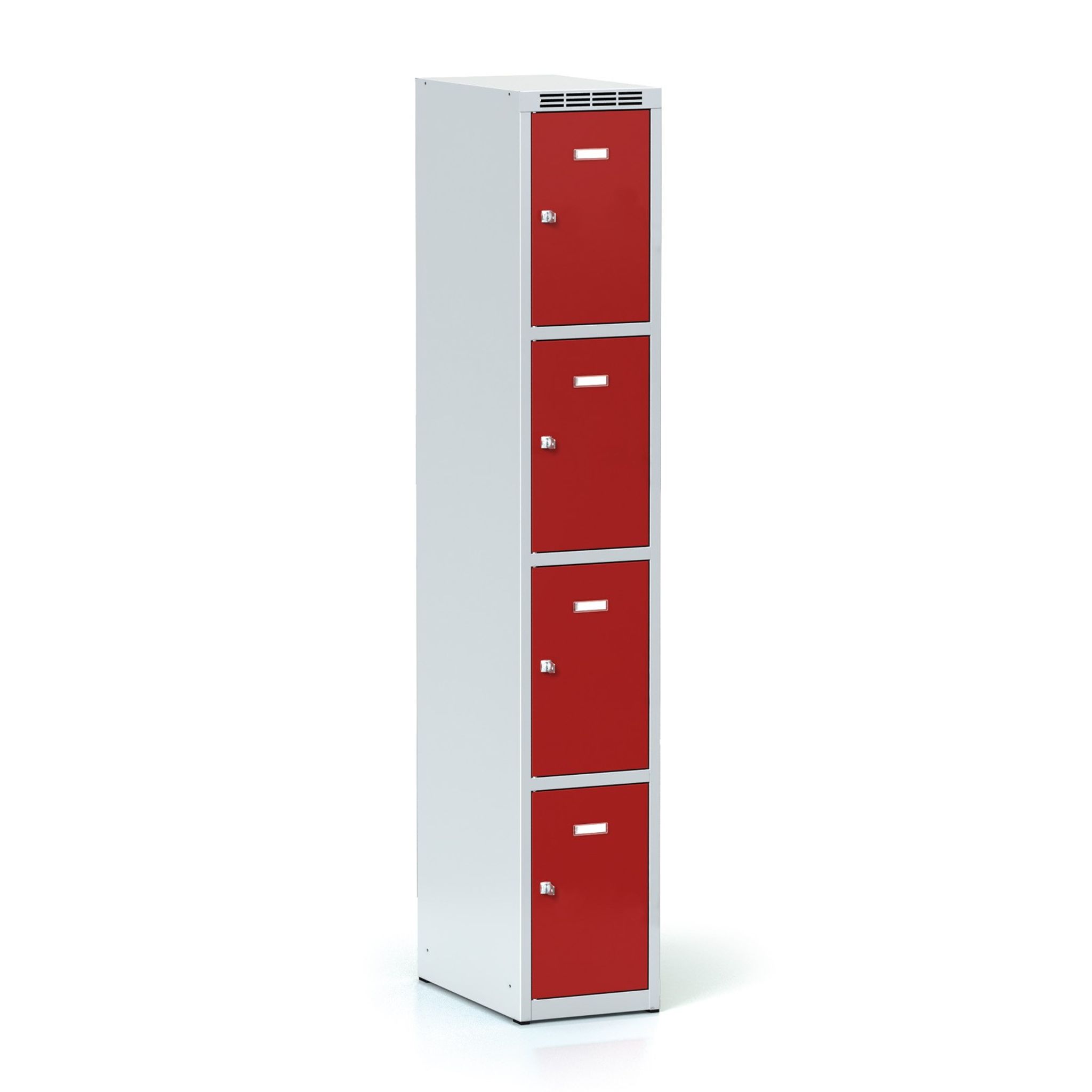Šatníková skrinka S6 s úložnými boxami, 4 boxy, 1800 x 300 x 500 mm, cylindrický zámok, červené dvere