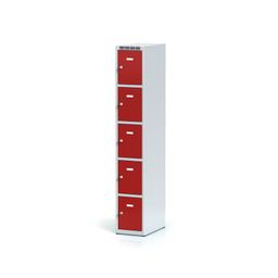 Šatníková skrinka S6 s úložnými boxami, 5 boxov, 1800 x 300 x 500 mm, otočný zámok, červené dvere