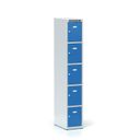 Šatníková skrinka S6 s úložnými boxami, 5 boxov, 1800 x 300 x 500 mm, otočný zámok, modré dvere