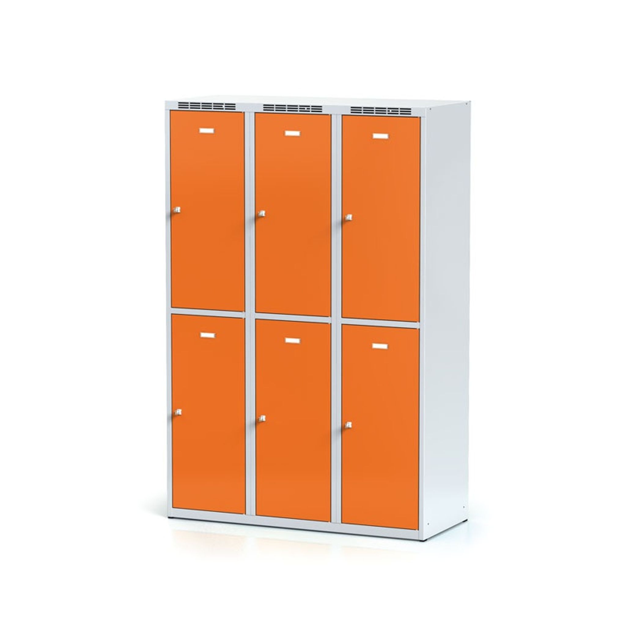 Šatníková skrinka S6 s úložnými boxami, 6 boxov, 1800 x 1200 x 500 mm, cylindrický zámok, oranžové dvere