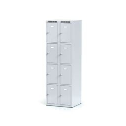Šatníková skrinka S6 s úložnými boxami, 8 boxov, 1800 x 600 x 500 mm, cylindrický zámok, sivé dvere