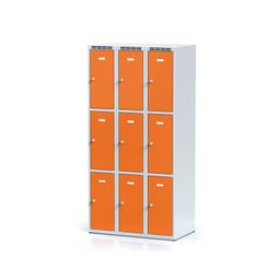 Šatníková skrinka S6 s úložnými boxami, 9 boxov, 1800 x 900 x 500 mm, otočný zámok, oranžové dvere