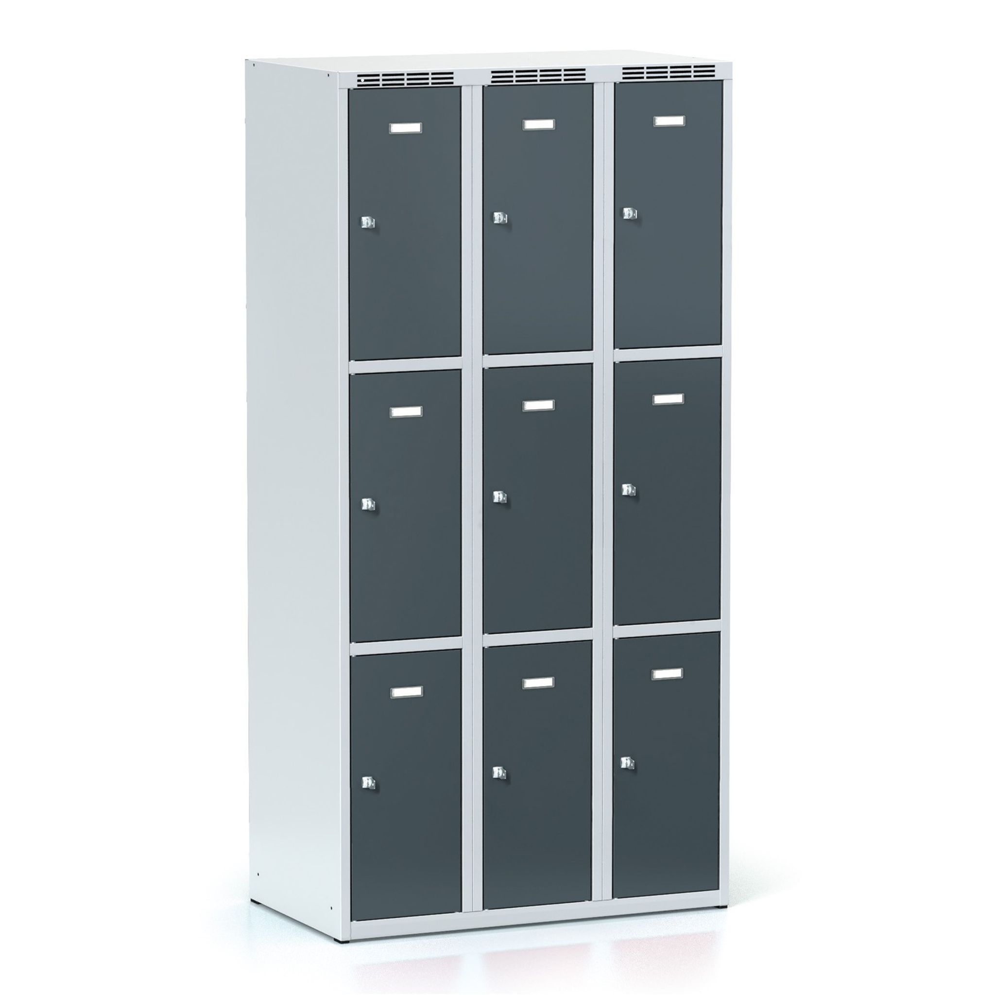 Šatníková skrinka S6 s úložnými boxami, 9 boxov, 1800 x 900 x 500 mm, otočný zámok, tmavosivé dvere