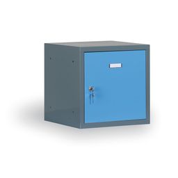 Šatníková skrinka S6 s uzamykateľným boxom 300 x 300 x 300 mm, cylindrický zámok, tmavo sivá, modré dvere