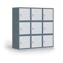 Šatníková skrinka S6 s uzamykateľným boxom 300 x 300 x 300 mm, cylindrický zámok, tmavo sivá, oranžové dvere