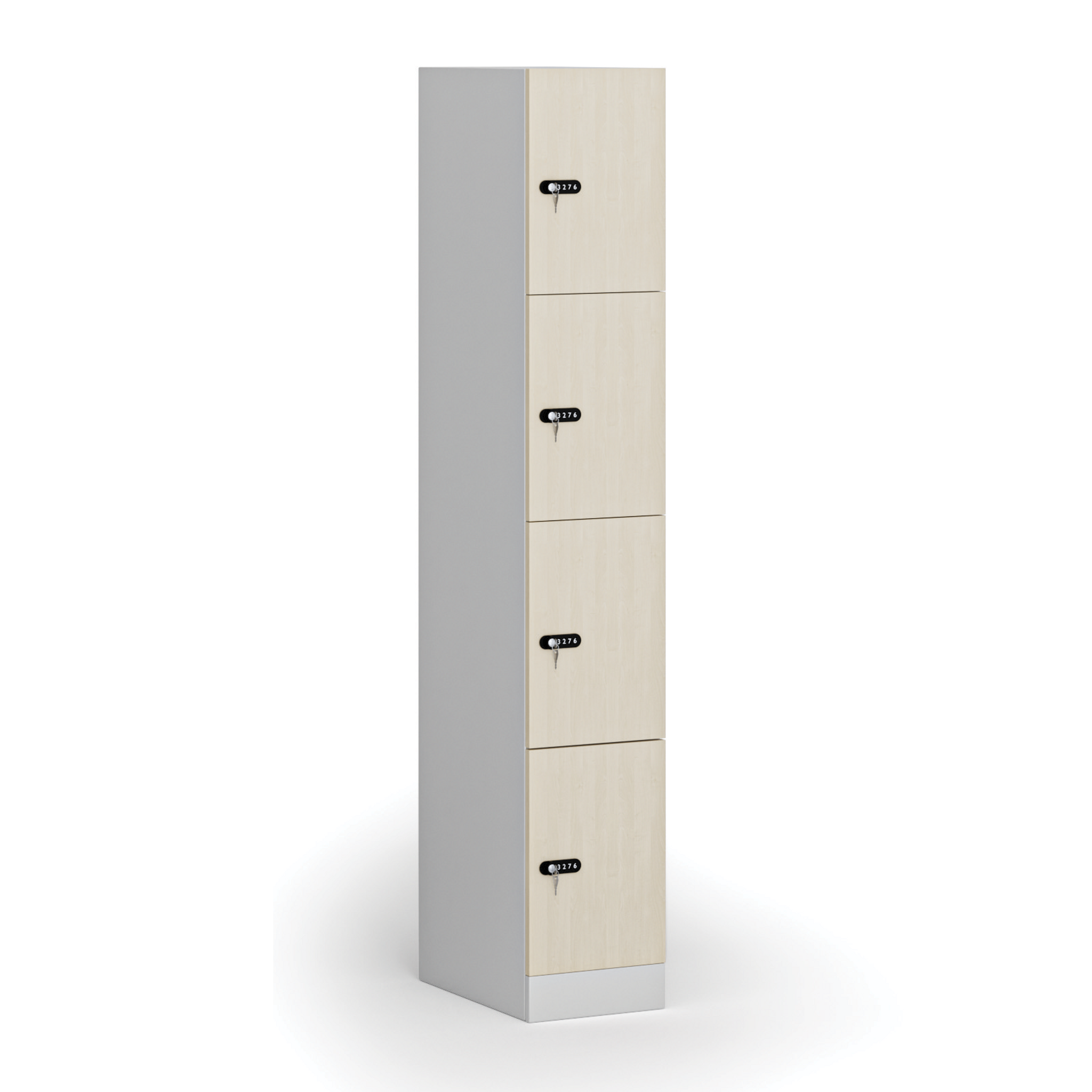 Schließfachschrank, 4 Fächer, 1850 x 300 x 500 mm, mechanisches Codeschloss, laminierte Tür, Birke