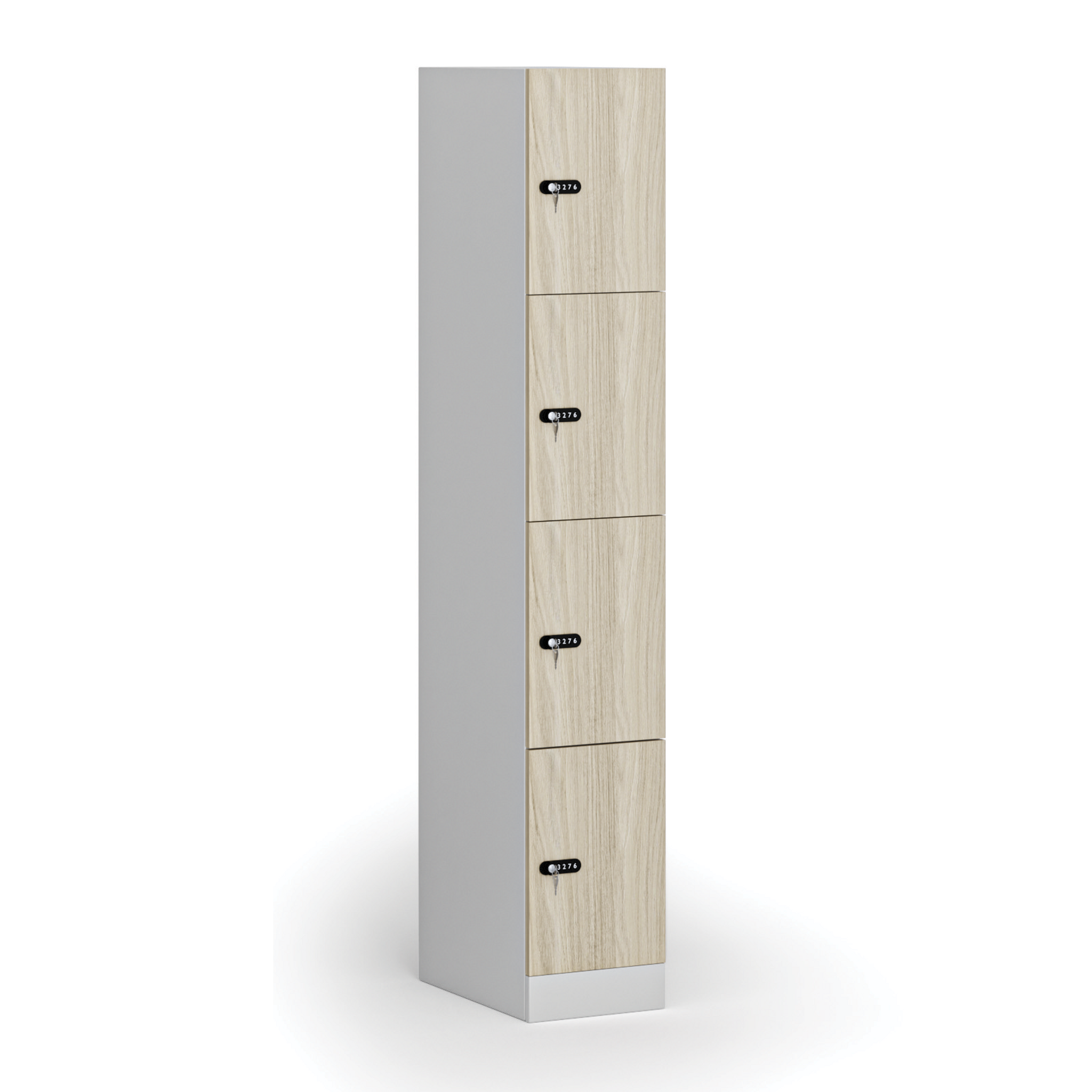 Schließfachschrank, 4 Fächer, 1850 x 300 x 500 mm, mechanisches Codeschloss, laminierte Tür, Natureiche