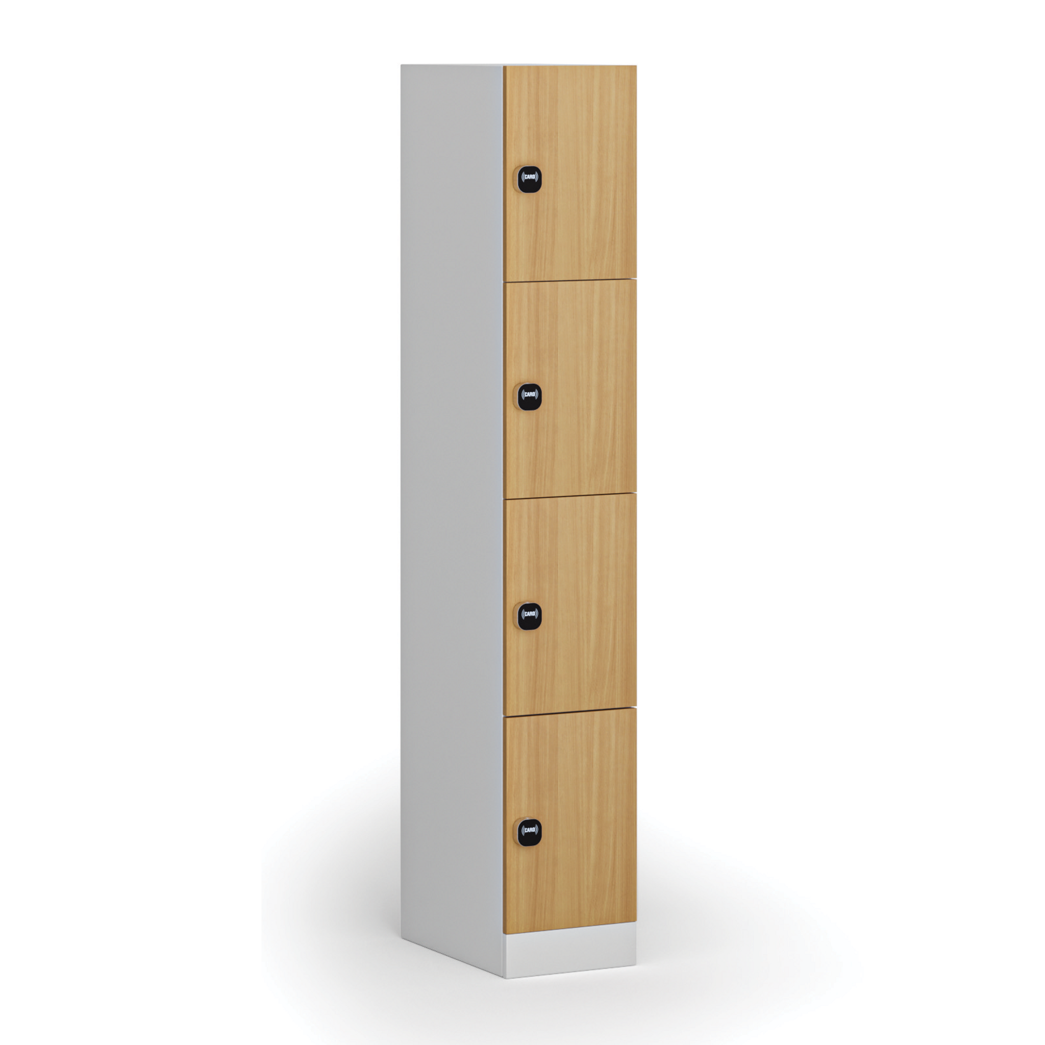 Schließfachschrank, 4 Fächer, 1850 x 300 x 500 mm, RFID-Schloss, laminierte Tür, Buche