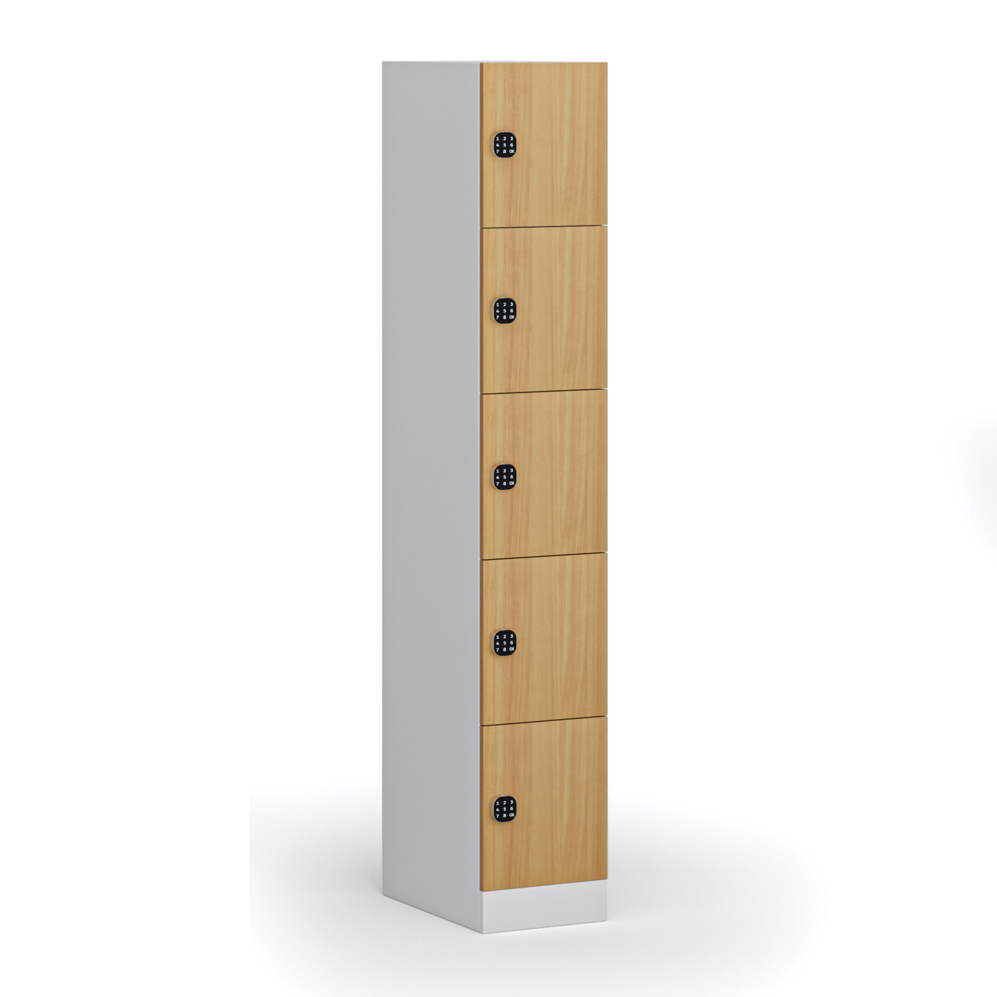 Schließfachschrank, 5 Fächer, 1850 x 300 x 500 mm, Codeschloss, laminierte Tür, Buche