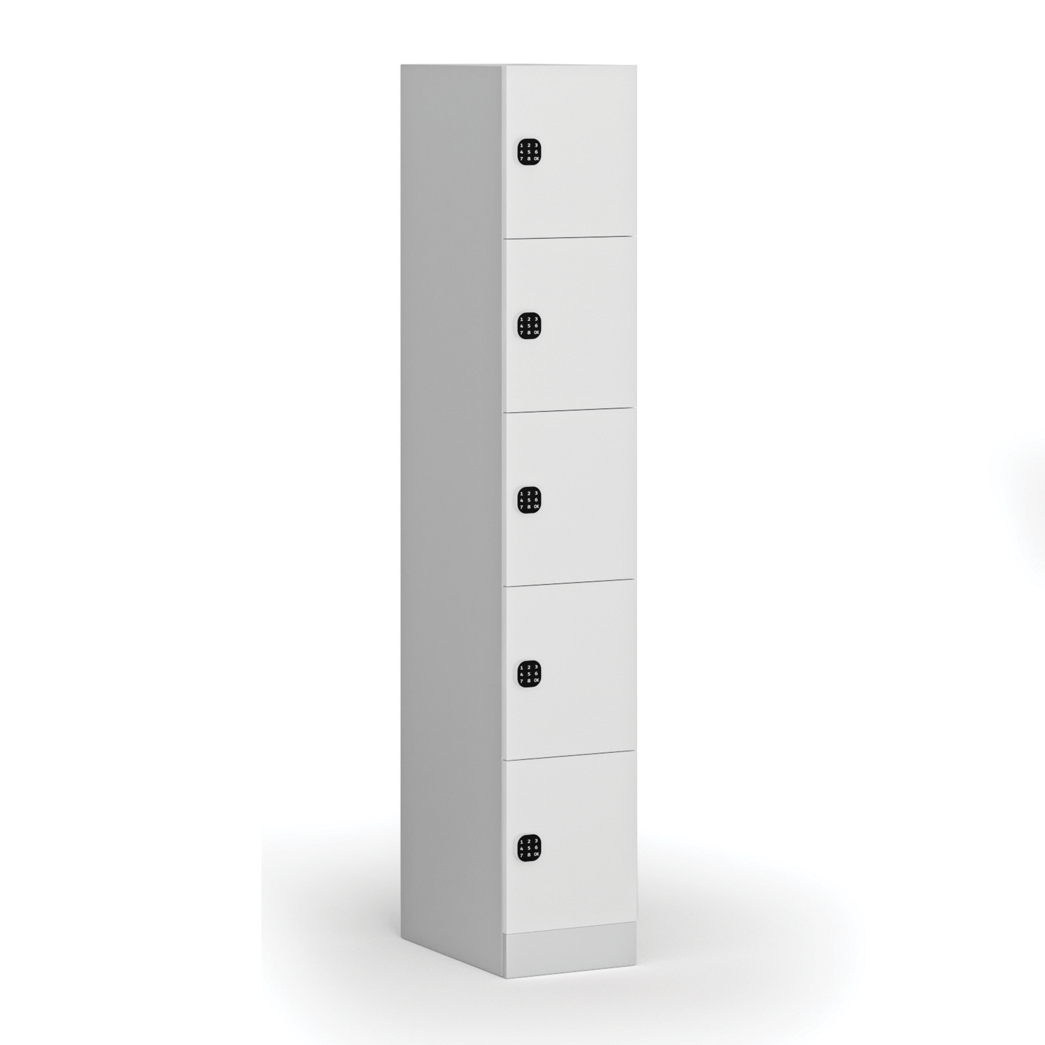 Schließfachschrank, 5 Fächer, 1850 x 300 x 500 mm, Codeschloss, laminierte Tür, weiß