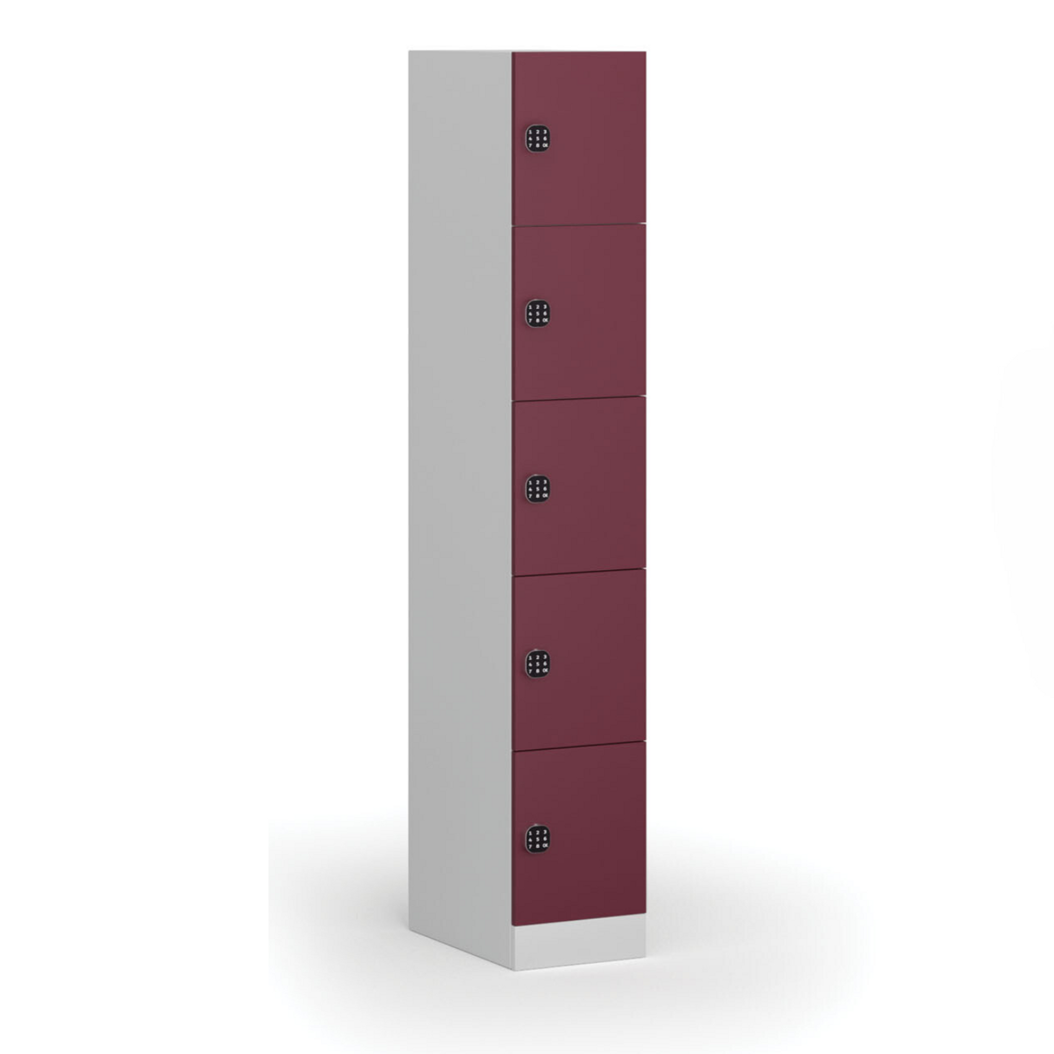 Schließfachschrank, 5 Fächer, 1850 x 300 x 500 mm, Codeschloss, rote Tür