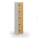 Schließfachschrank, 5 Fächer, 1850 x 300 x 500 mm, mechanisches Codeschloss, laminierte Tür, Buche