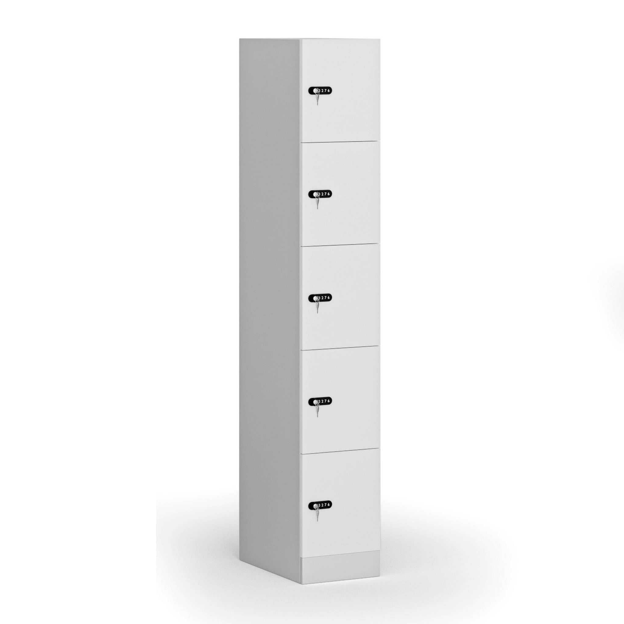 Schließfachschrank, 5 Fächer, 1850 x 300 x 500 mm, mechanisches Codeschloss, laminierte Tür, weiß