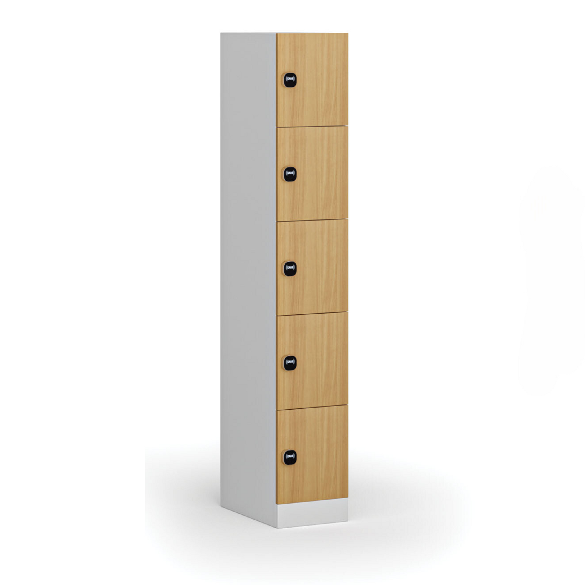 Schließfachschrank, 5 Fächer, 1850 x 300 x 500 mm, RFID-Schloss, laminierte Tür, Buche