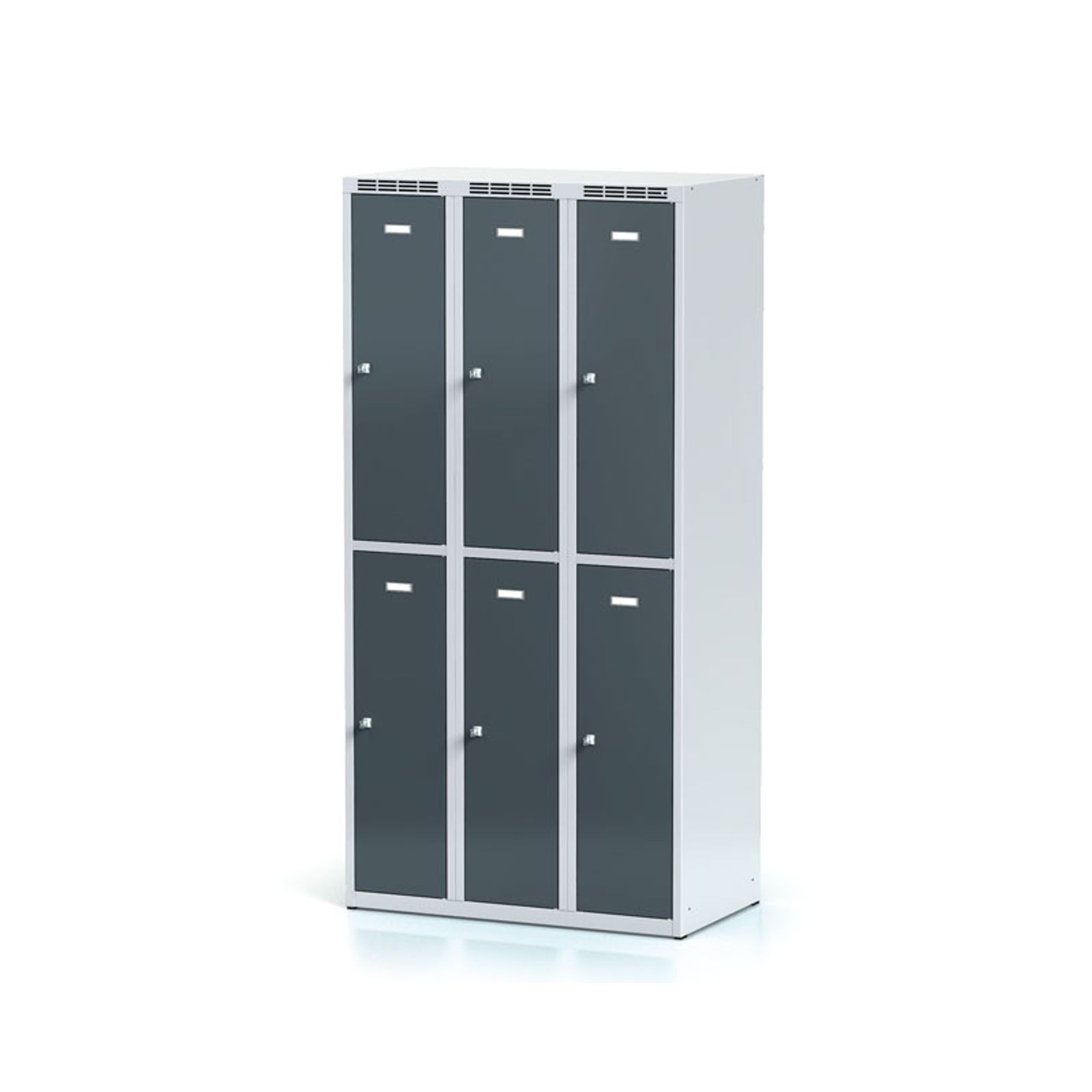 Schließfachschrank, 6 Fächer, 1800 x 900 x 500 mm, Drehriegelschloss, dunkelgraue Tür,