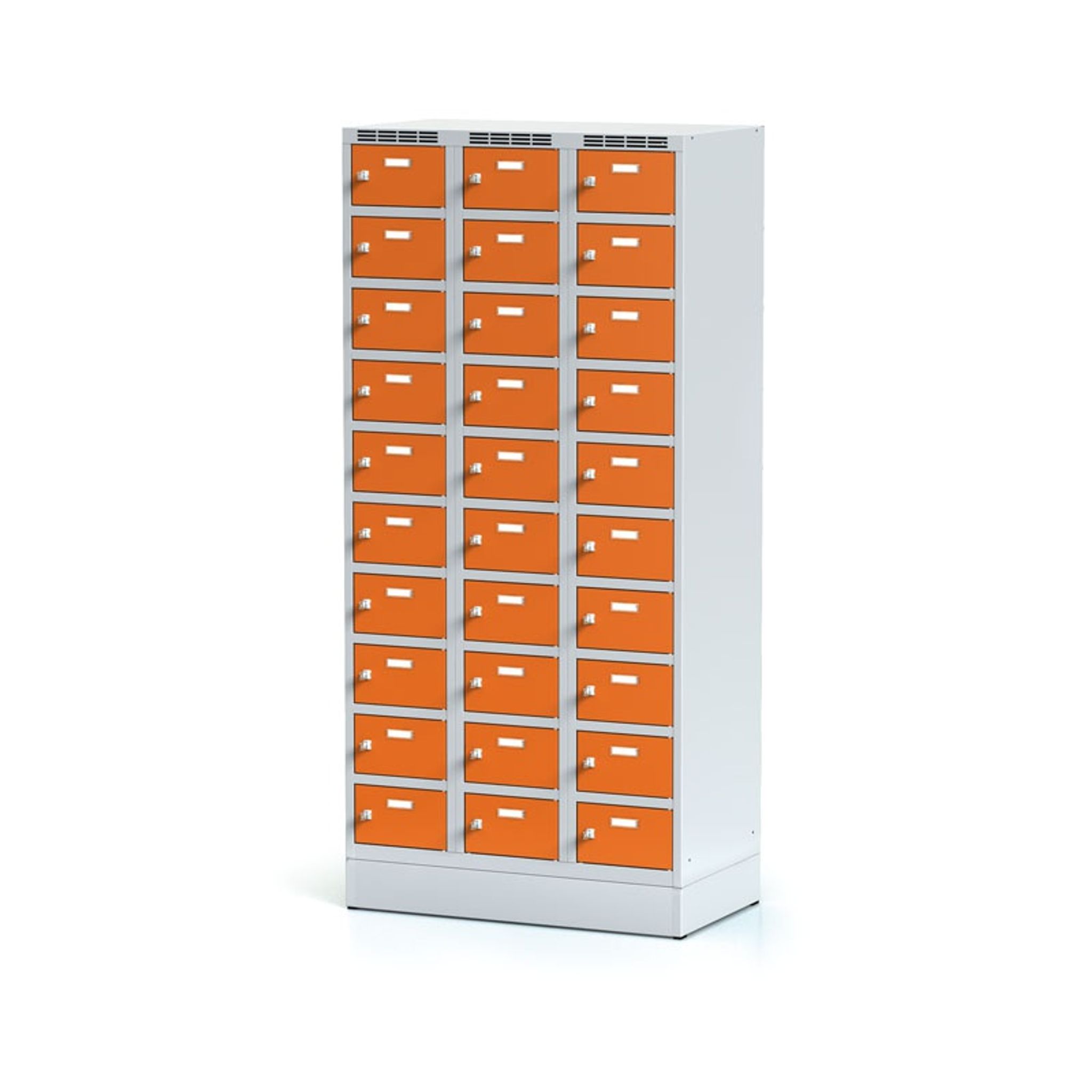 Schließfachschrank auf Sockel, 30 Fächer, 1920 x 900 x 500 mm, Drehriegelschloss, orange Tür