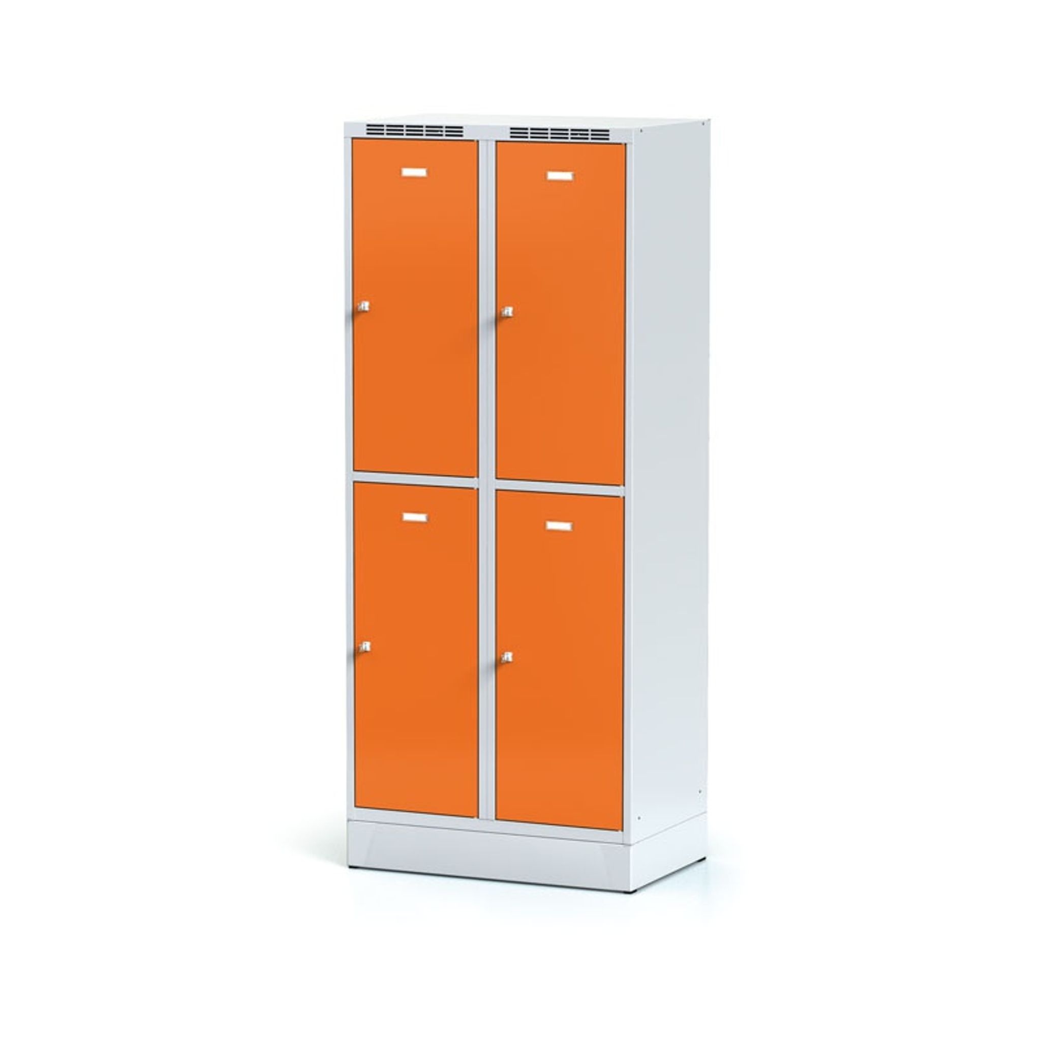Schließfachschrank auf Sockel, 4 Fächer, 1920 x 800 x 500 mm, Drehriegelschloss, orange Tür