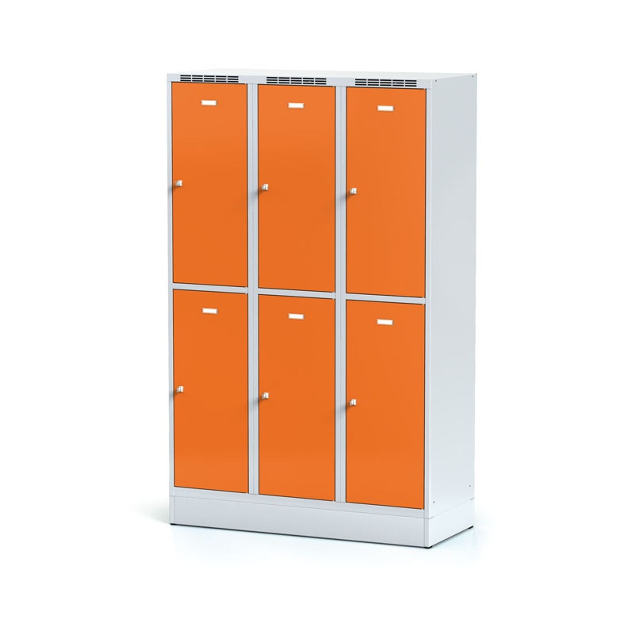 Schließfachschrank auf Sockel, 6 Fächer, 1920 x 1200 x 500 mm, Drehriegelschloss, orange Tür