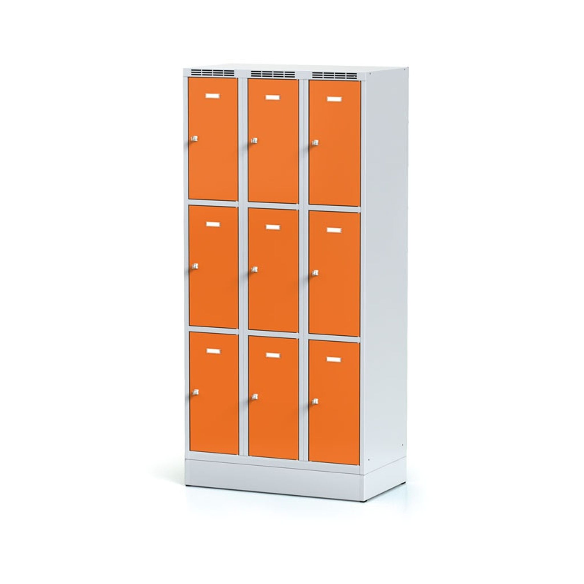 Schließfachschrank auf Sockel, 9 Fächer, 1920 x 900 x 500 mm, Drehriegelschloss, orange Tür