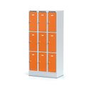 Schließfachschrank auf Sockel, 9 Fächer, 1920 x 900 x 500 mm, Zylinderschloss, orange Tür