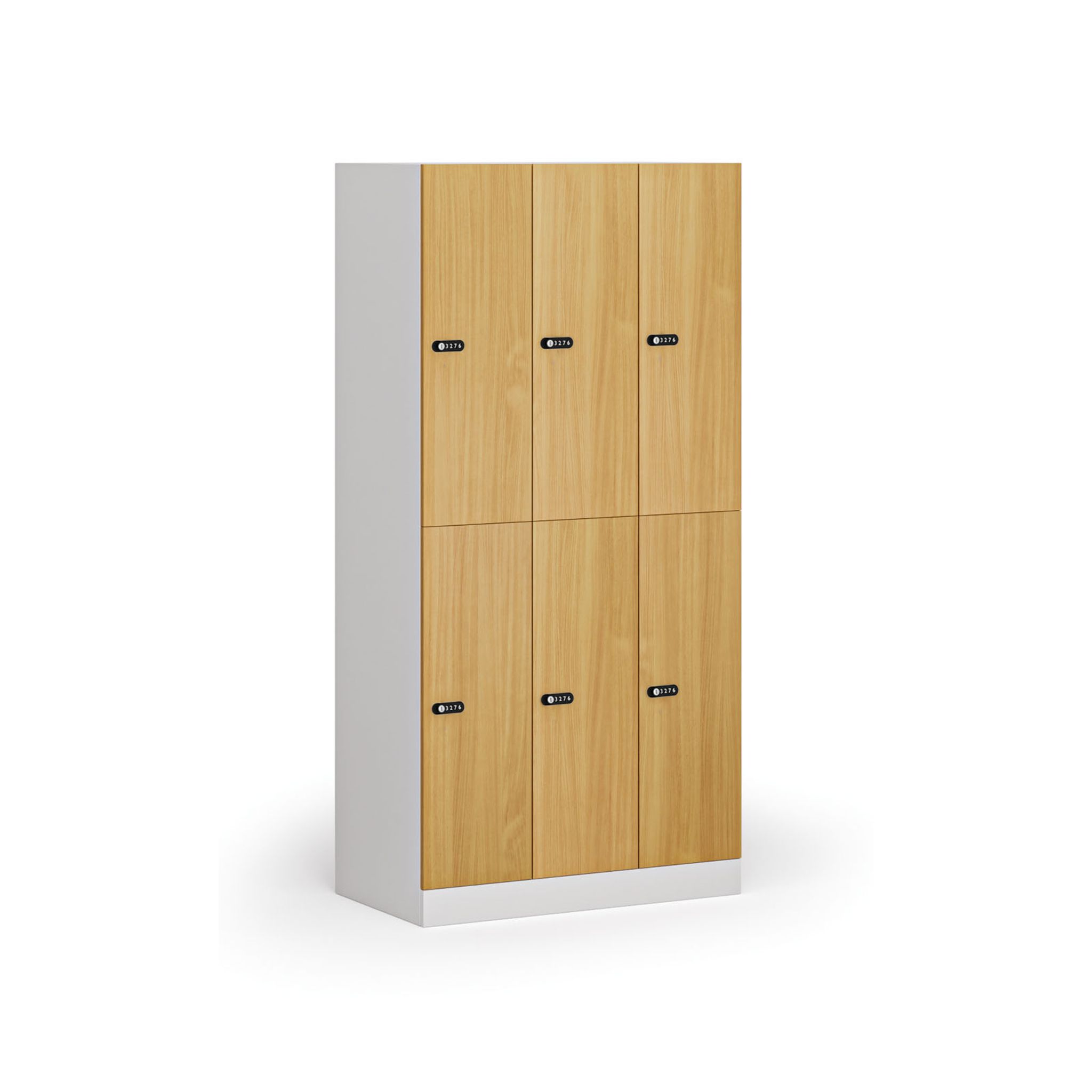 Schließfachschrank S1, 6 Fächer, 1850 x 900 x 500 mm, zerlegt, mechanisches Codeschloss, laminierte Tür, Buche Schließfachschrank S1, 6 Fächer, 1850 x 900 x 500 mm, zerlegt, mechanisches Codeschloss, laminierte Tür, Buche