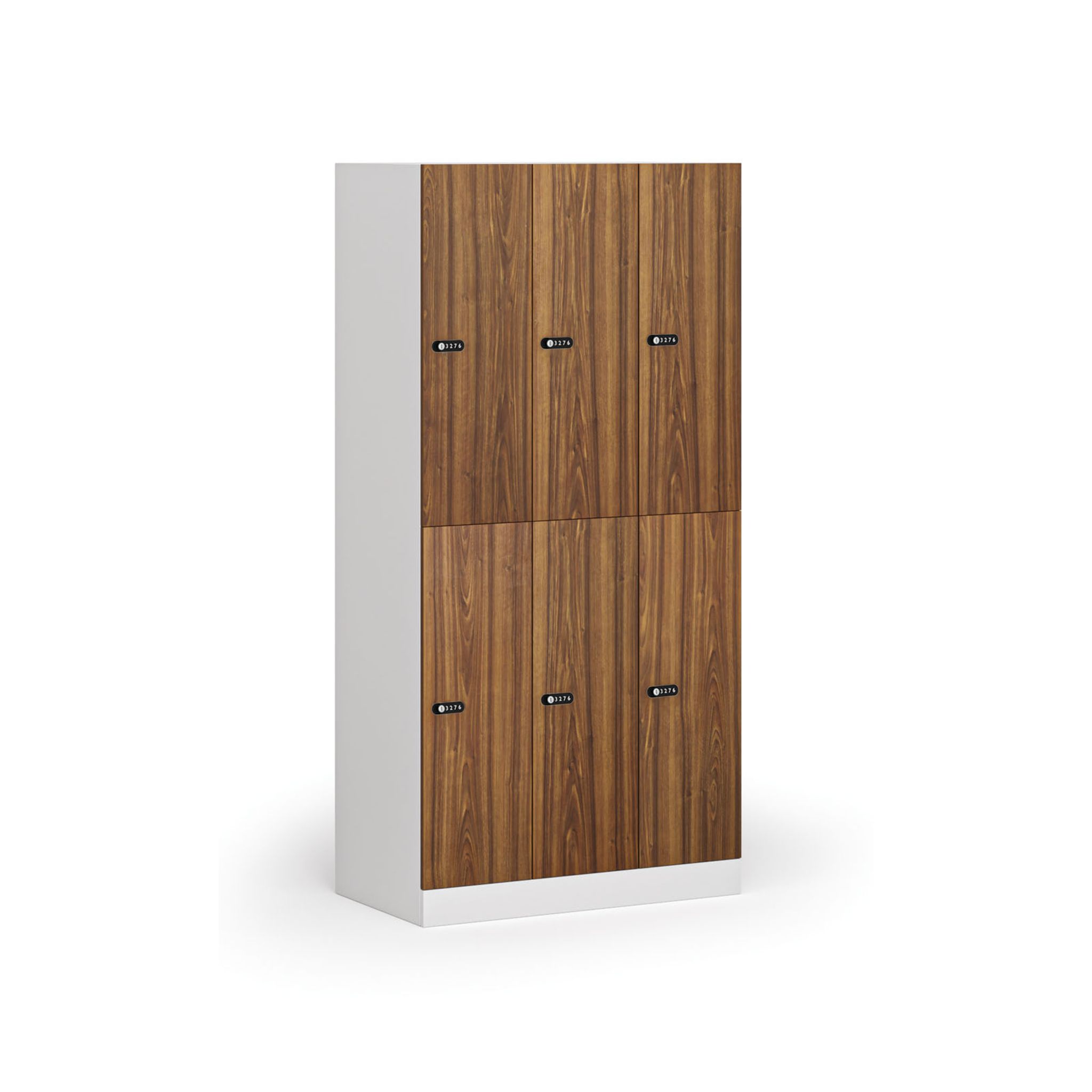 Schließfachschrank S1, 6 Fächer, 1850 x 900 x 500 mm, zerlegt, mechanisches Codeschloss, laminierte Tür, Nussbaum Schließfachschrank S1, 6 Fächer, 1850 x 900 x 500 mm, zerlegt, mechanisches Codeschloss, laminierte Tür, Nussbaum