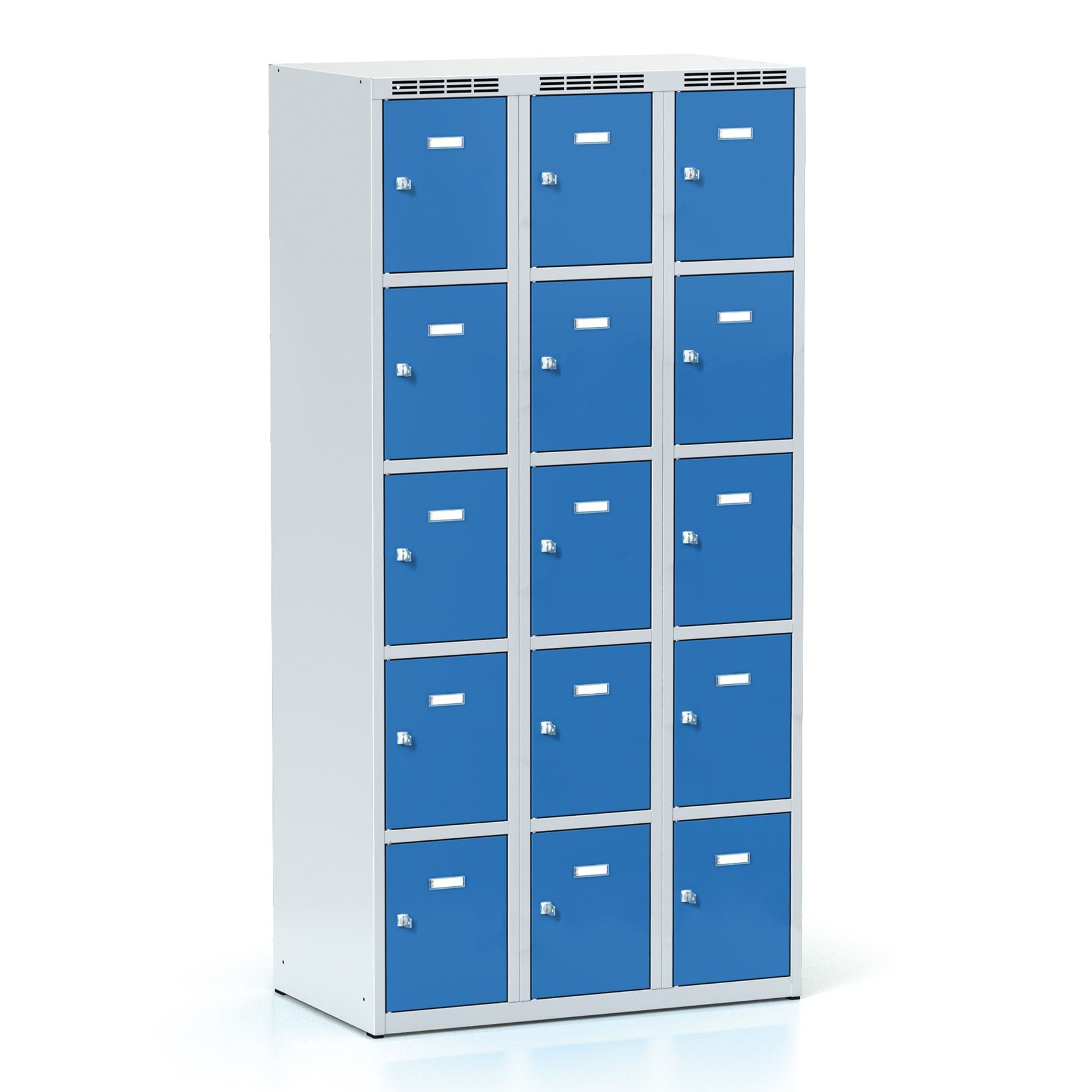 Schließfachschrank S6, 15 Fächer, 1800 x 900 x 500 mm, Drehriegelschloss, blaue Tür