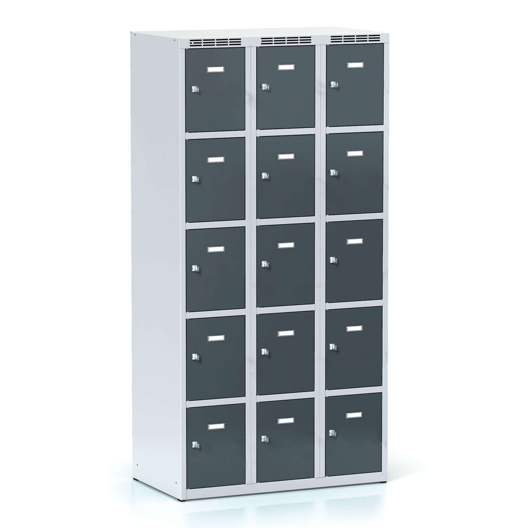 Schließfachschrank S6, 15 Fächer, 1800 x 900 x 500 mm, Drehriegelschloss, dunkelgraue Tür
