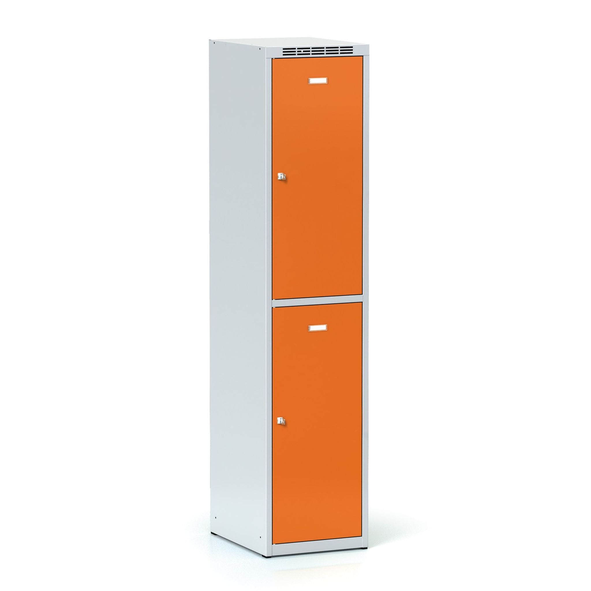 Schließfachschrank S6, 2 Fächer, 1800 x 400 x 500 mm, Drehriegelschloss, orange Tür